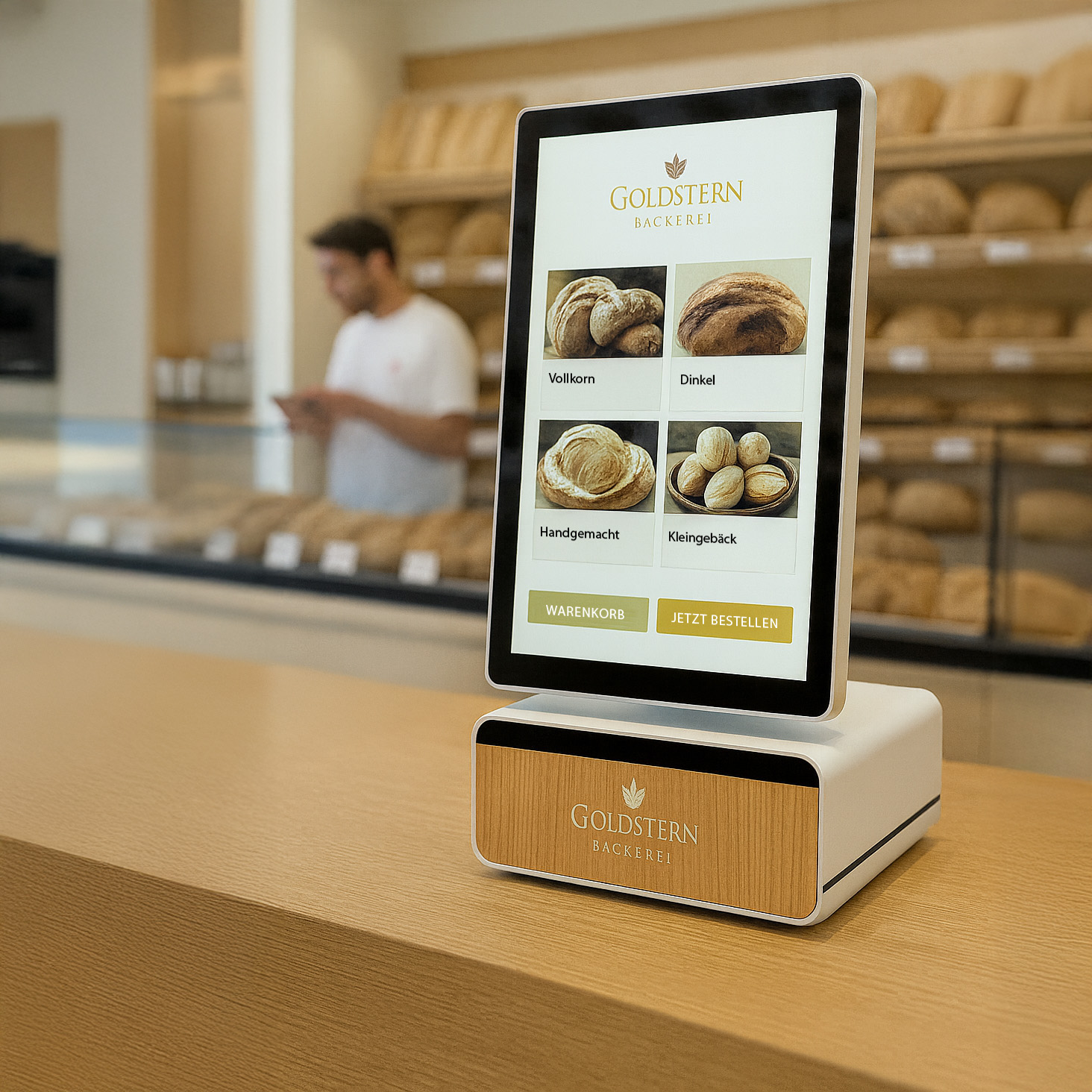 GOLDSTERN Bäckerei Bestellkiosk mit Touch-Interface zeigt Vollkorn, Dinkel, Handgemacht und Kleingebäck Optionen - professionelle Kiosk-Hardware in authentischer Bäckerei-Umgebung.
