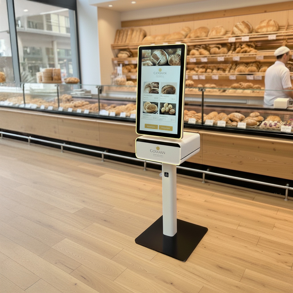 COLMAAN Bestellkiosk in echter Bäckerei-Umgebung mit Brotregalen im Hintergrund und professioneller Aufstellung.