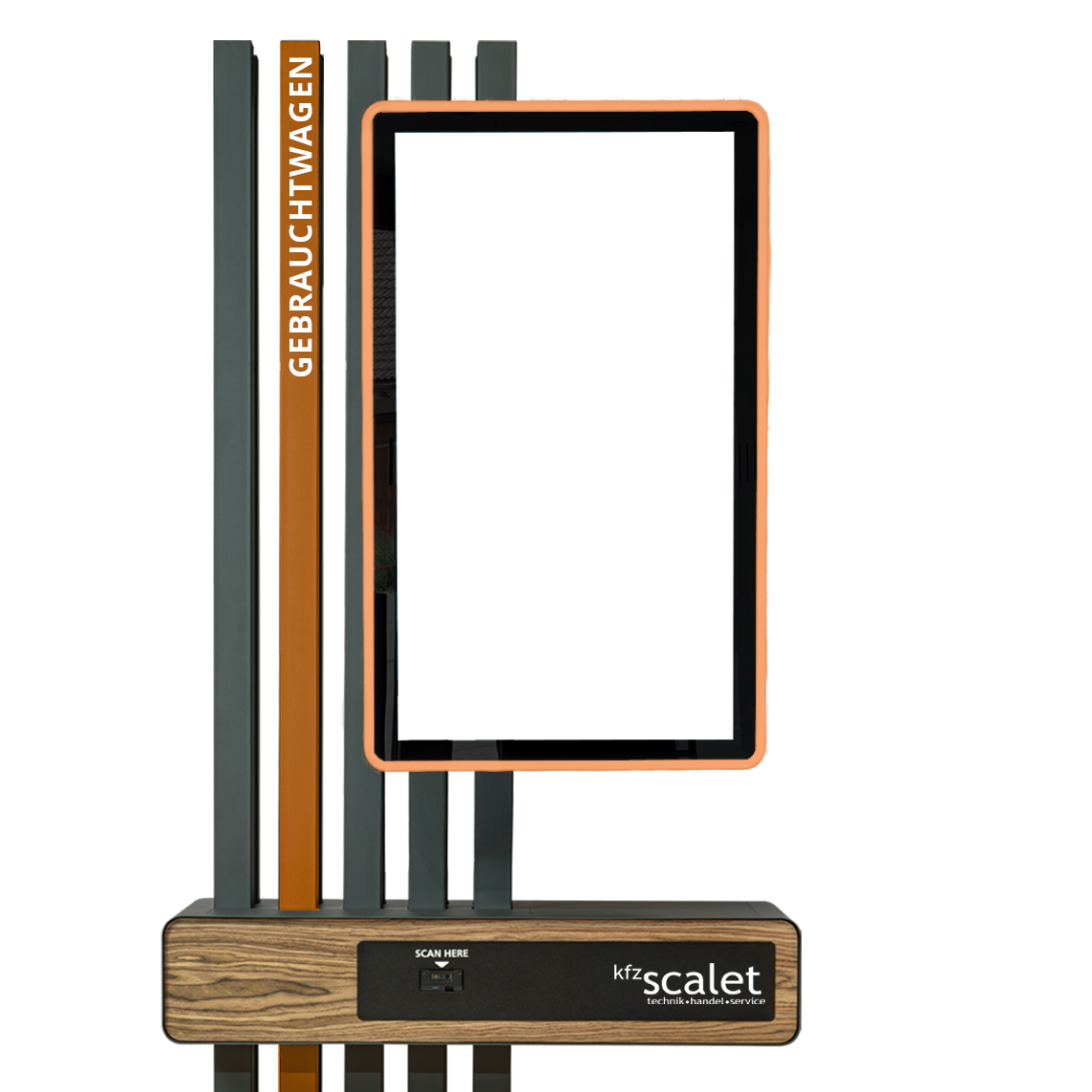 Alpine Kiosk Demo - Vertikaler Touchscreen mit 9:16 Seitenverhältnis, orange Rahmen und Holzsockel für Automotive-Anwendungen.